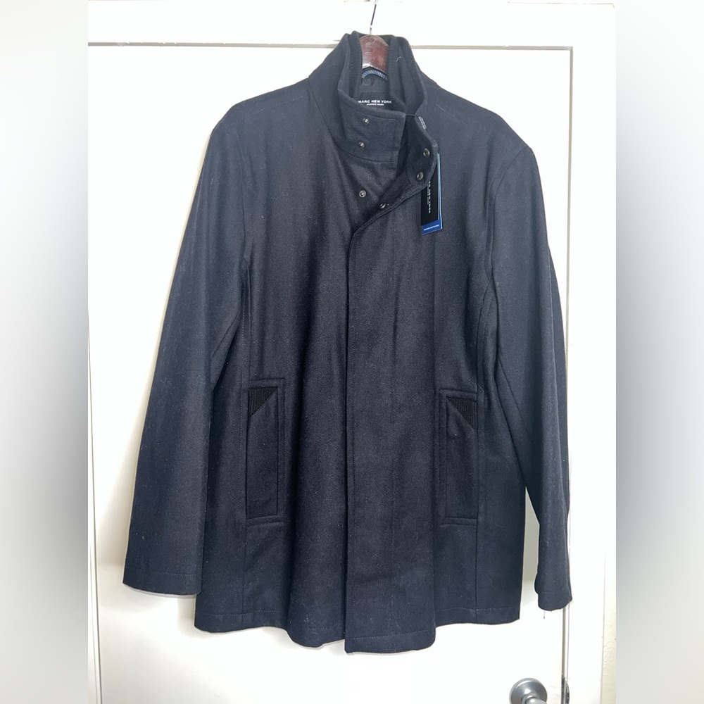 $295Men’s Marc New York Coyle Wool Blend High Neck lined Black Coat Sz XL